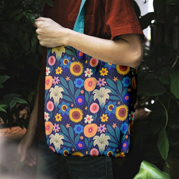 Geanta Handmade Tote Liner Captusit, Mulewear, Botanic Camp cu Floarea Soarelui, Multicolor, 45x37 cm