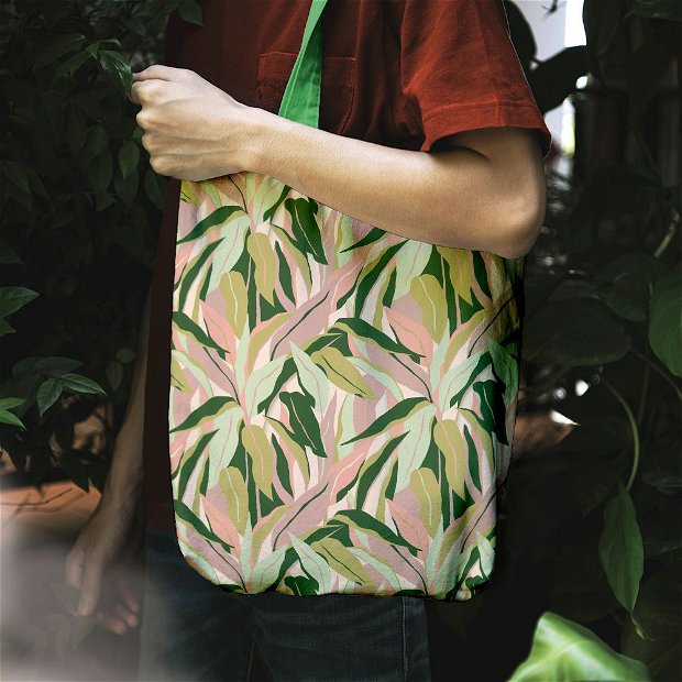 Geanta Handmade Tote Liner Captusit, Mulewear, Botanic Plante Flori Frunze Tropicale, Multicolor, 45x37 cm