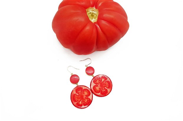 Cercei "Delicious Tomato" din rasina, inox auriu si lut polimeric
