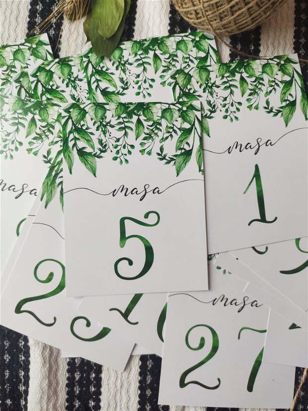 Numere masa, numere de masa cu frunze verzi,  nunta handmade, numere de masa moderne, nunta rustica