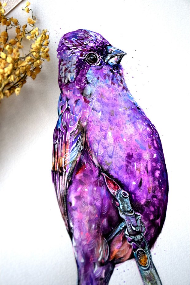 Purple Bird- Tablou, Pictura Originala in Acuarela - Birds Collection