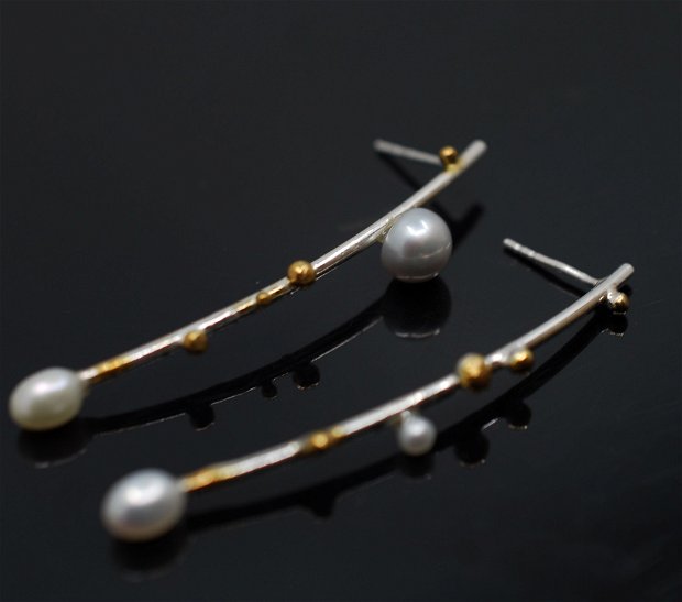 Cercei din argint si perle de cultura, cercei lungi argint, cercei statement, cercei handmade