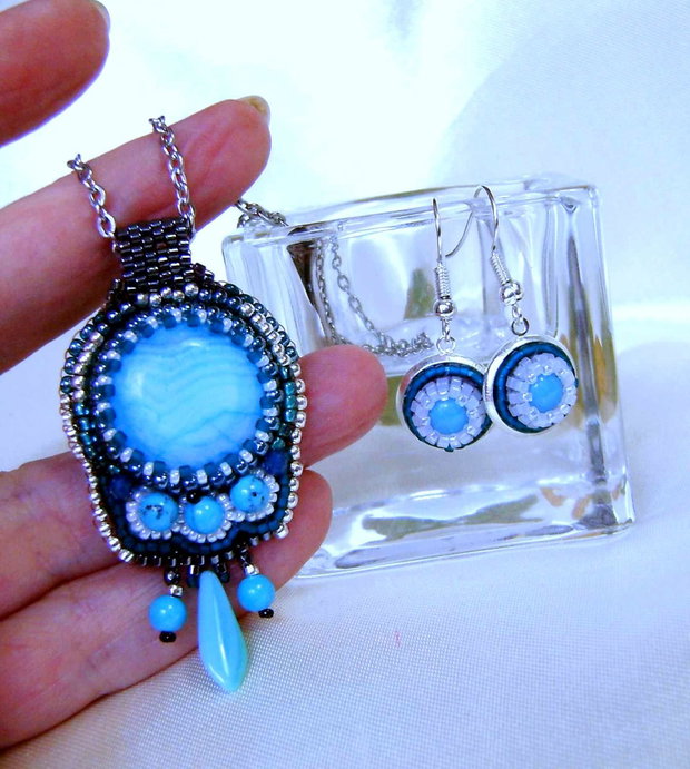 Set turquoise si agat dungat,pe lant inox, cadoul Tau preferat