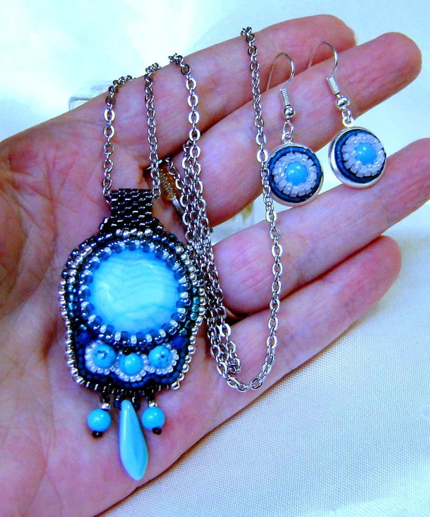 Set turquoise si agat dungat,pe lant inox, cadoul Tau preferat