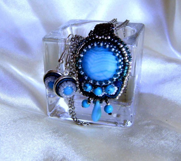 Set turquoise si agat dungat,pe lant inox, cadoul Tau preferat
