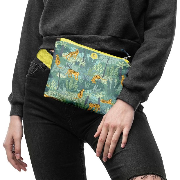 Borseta Handmade Fanny Pack, Mulewear, Botanic Plante Flori Tigru in Savana, Multicolor, 22x19 cm