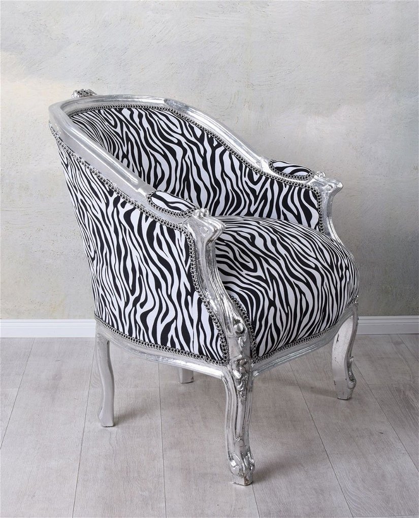 Fotoliu din lemn masiv argintiu cu tapiterie zebra