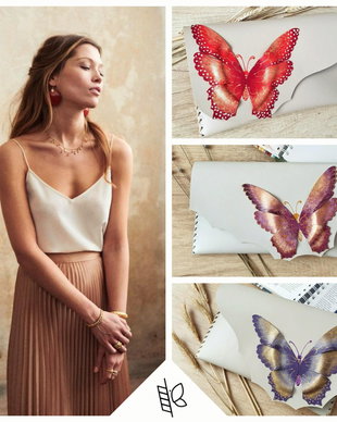poseta plic handmade unicat din piele - Magenta Butterfly