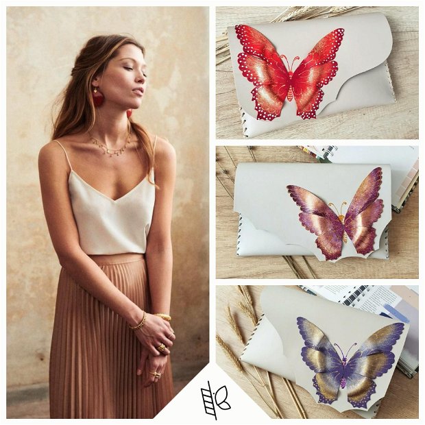 poseta plic handmade unicat din piele - Magenta Butterfly