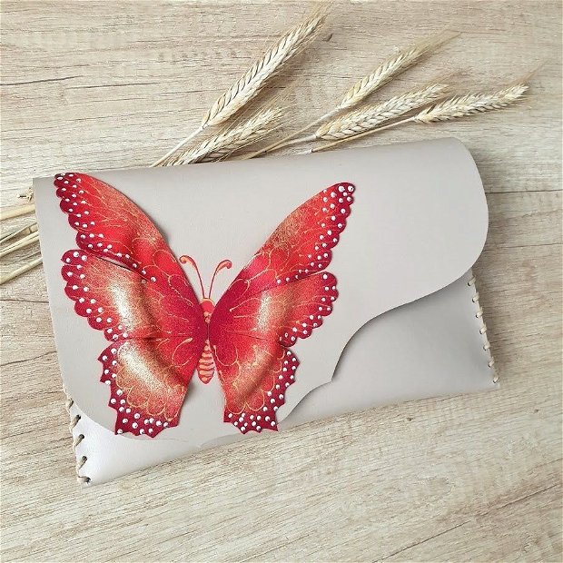 poseta plic handmade unicat din piele - Magenta Butterfly