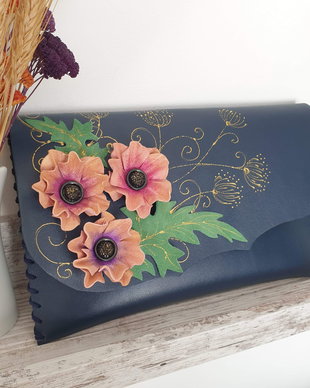 poseta plic handmade unicat din piele - Anemones