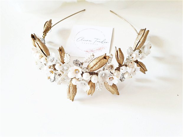 ANNELISA / Coronița mireasă cu flori si perle naturale