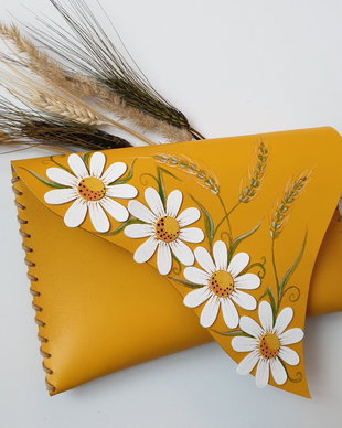 poseta plic handmade unicat din piele - Sweet New Daisies