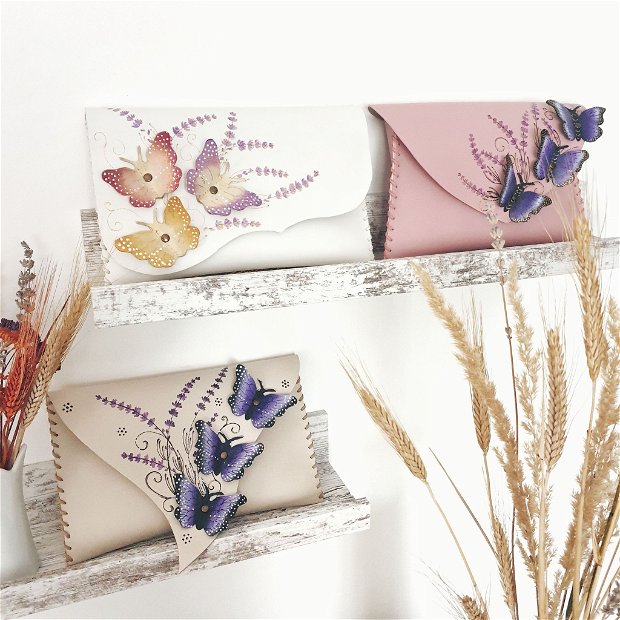 poseta plic handmade unicat din piele - Purple Butterflies Delight