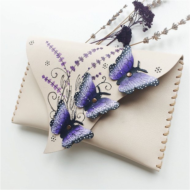 poseta plic handmade unicat din piele - Purple Butterflies Delight