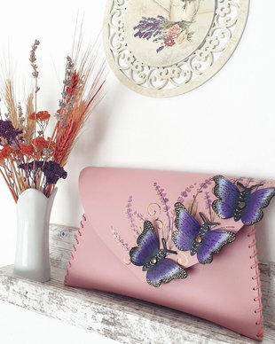 poseta plic handmade unicat din piele - Purple Butterflies Dream