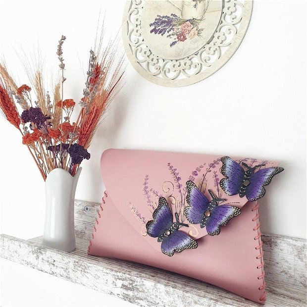 poseta plic handmade unicat din piele - Purple Butterflies Dream