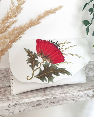 poseta plic handmade unicat din piele - Red Poppy