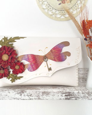 Poseta plic handmade unicat din piele naturala - Summer Dragonfly