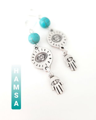Cercei argintați amuletă HAMSA cu turcoaz