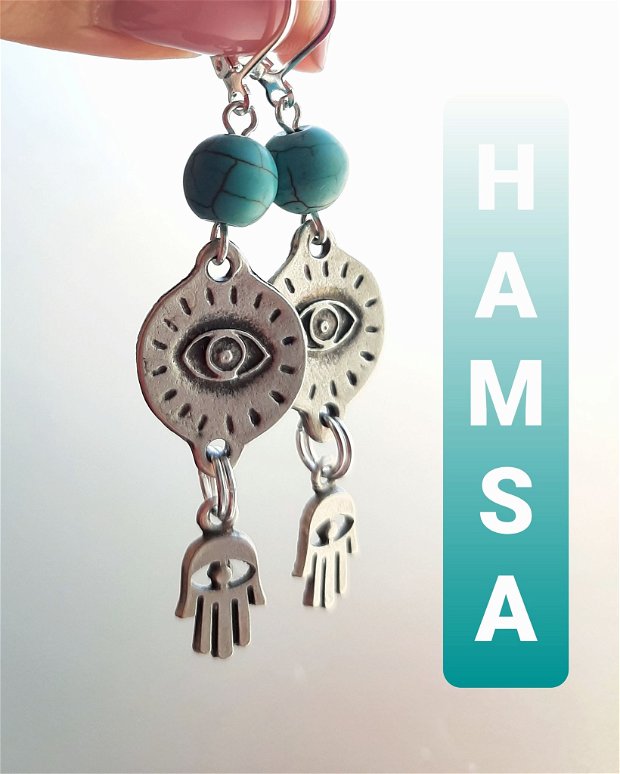 Cercei argintați amuletă HAMSA cu turcoaz