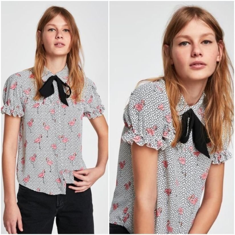 Zara - Camasa noua, cu print buline si pasari flamingo