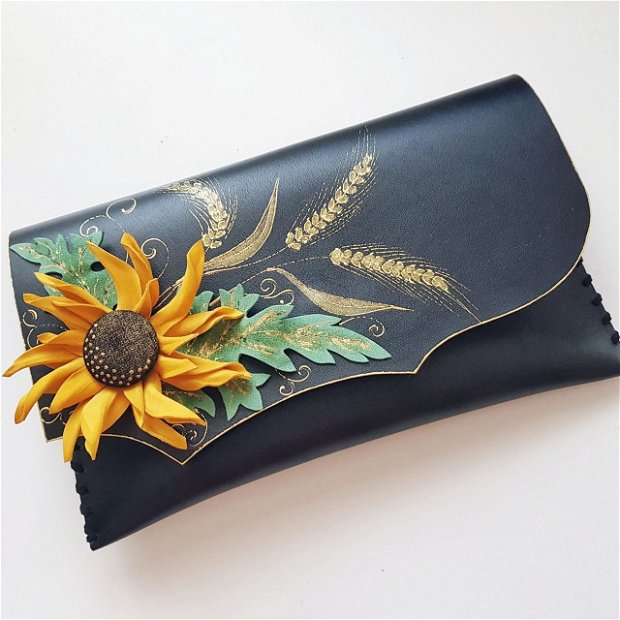 poseta plic handmade unicat din piele - Little Sunflower