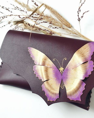 poseta plic handmade unicat din piele - Lila Butterfly