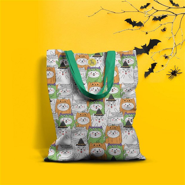 Geanta Handmade Tote Basic, Mulewear, Halloween Pisici Deghizate in Pisici la Colindat, Multicolor, 43x37 cm