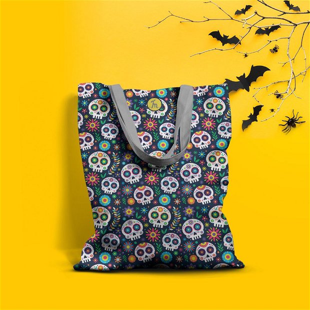 Geanta Handmade Tote Basic, Mulewear, Halloween Masti Cap de Schelet, Multicolor, 43x37 cm