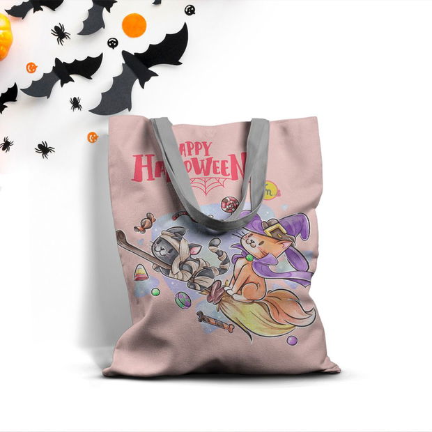 Geanta Handmade Tote Basic, Mulewear, Halloween Pisicile Vrajitoarei pe Matura Fermecata, Multicolor, 43x37 cm