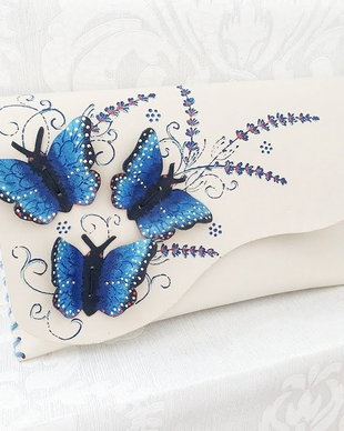 poseta plic handmade unicat din piele - Dark BLUE Butterflies