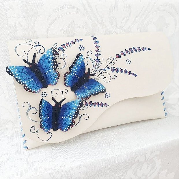 poseta plic handmade unicat din piele - Dark BLUE Butterflies