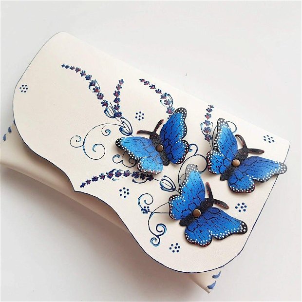poseta plic handmade unicat din piele - Dark BLUE Butterflies