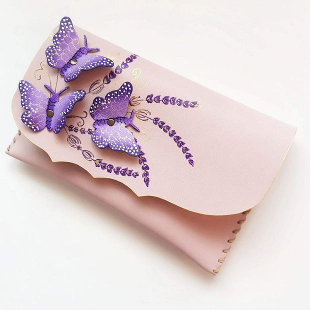 poseta plic handmade unicat din piele - Lilac delight