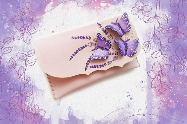 poseta plic handmade unicat din piele - Lilac delight