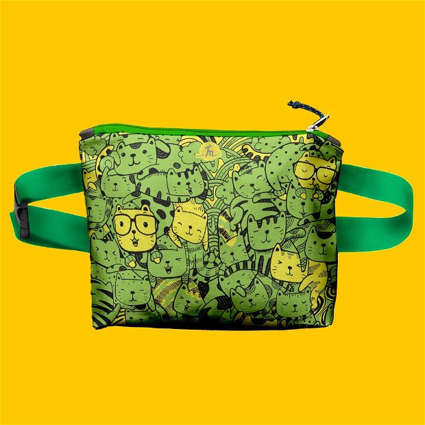 Borseta Handmade Fanny Pack, Mulewear, Pisici Animatie cu Verde si Galben, Multicolor, 22x19 cm