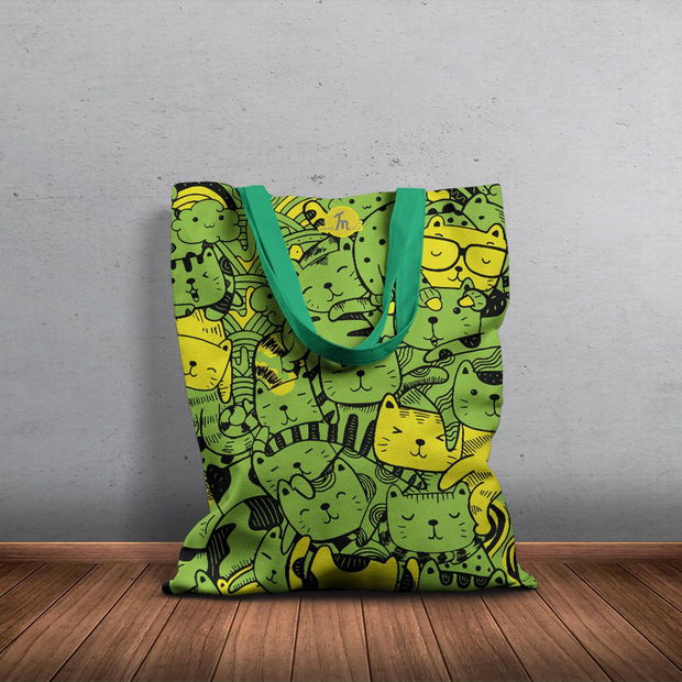 Geanta Handmade Tote Basic, Mulewear, Pisici Animatie cu Verde si Galben, Multicolor, 43x37 cm