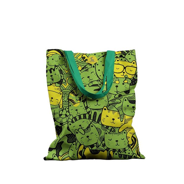 Geanta Handmade Tote Basic, Mulewear, Pisici Animatie cu Verde si Galben, Multicolor, 43x37 cm