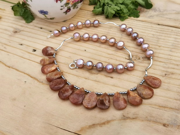 Colier argint& sunstone &perle