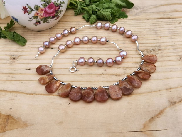 Colier argint& sunstone &perle