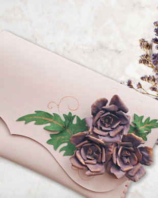 poseta plic handmade unicat din piele - Purple Roses