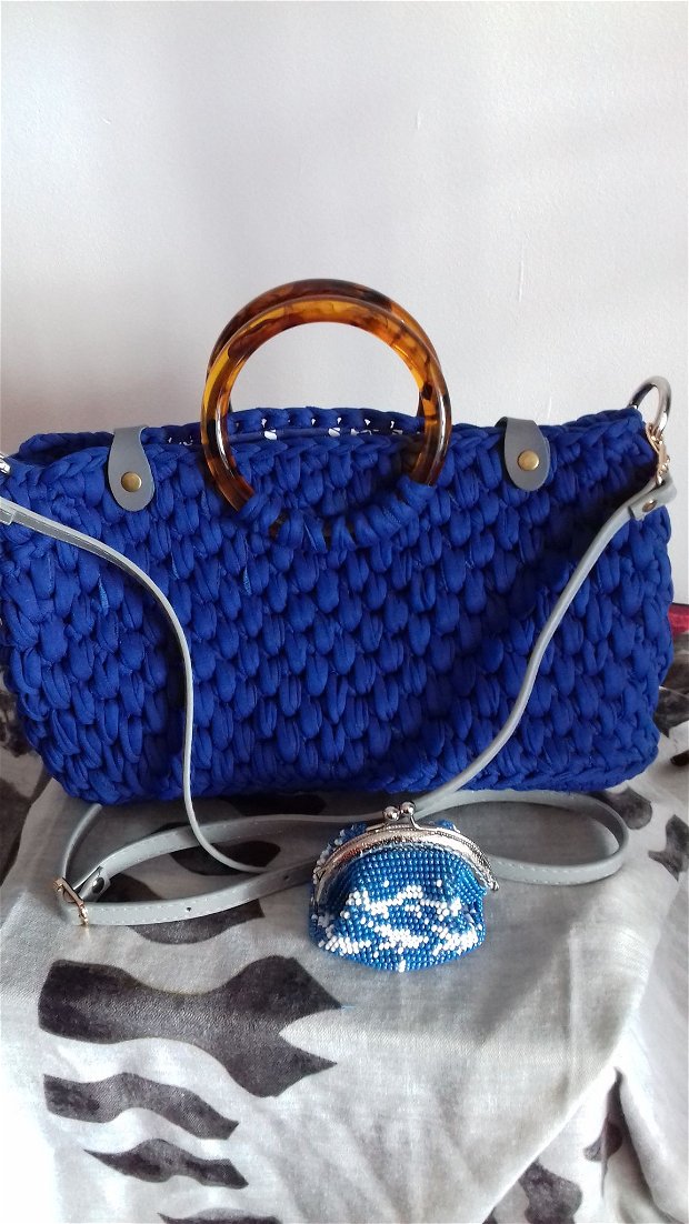 geanta albastra cu portofel din margele, transport gratuit