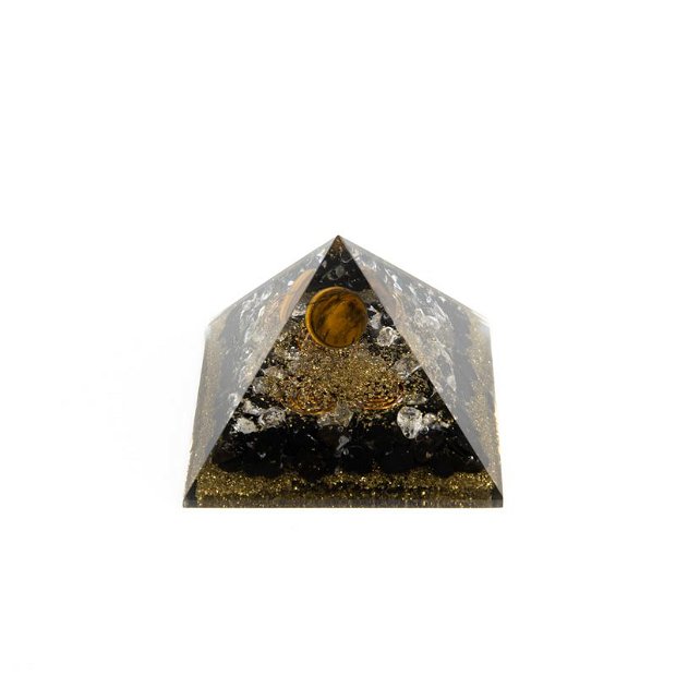 Piramida Orgonica Tiger, Ezera, cu pietre semipretioase de Obsidian, cristale de Cuart Alb, praf de Cupru si spirala de Cupru