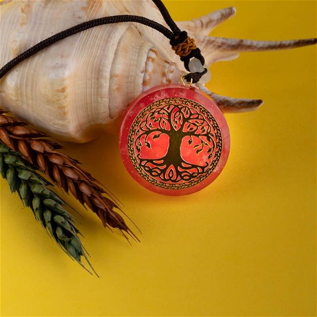 Pandantiv Orgonic AGNI, Ezera, cu Cuart Roz si simbol sacru Copacul Vietii
