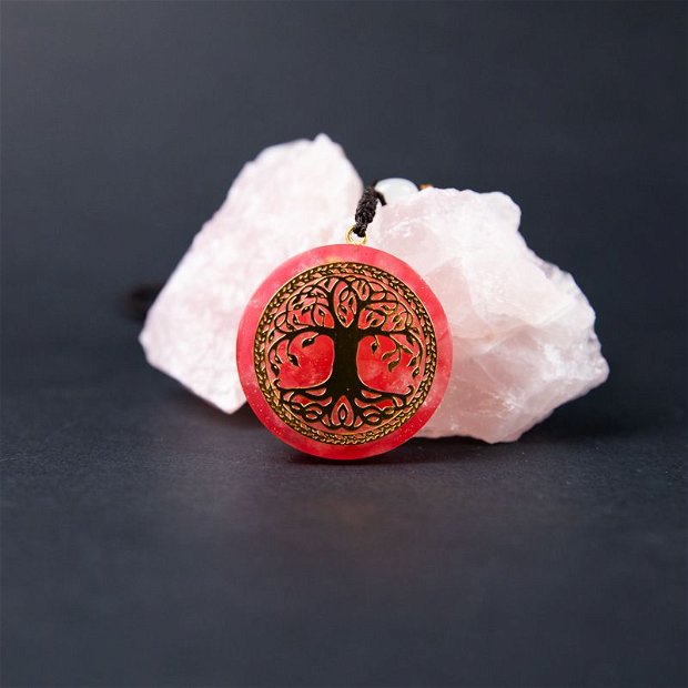 Pandantiv Orgonic AGNI, Ezera, cu Cuart Roz si simbol sacru Copacul Vietii