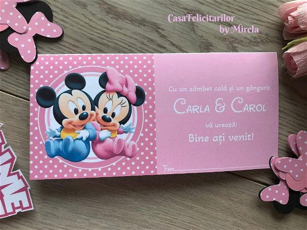 Plic bani gemeni Minnie si Mickey mouse/Place card botez gemeni
