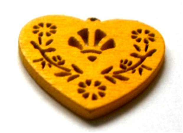 Charm lemn inima flori mici cu evantai filigram galben