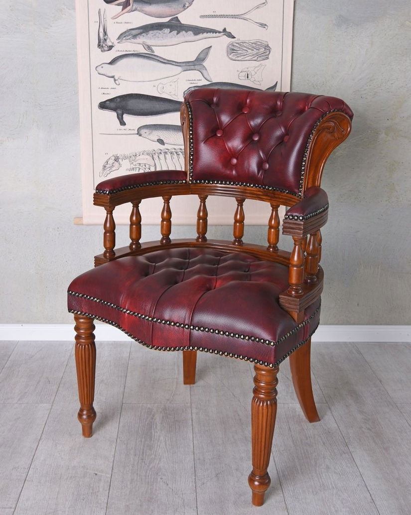 Scaun Chesterfield din lemn mahon cu tapiterie din piele burgund