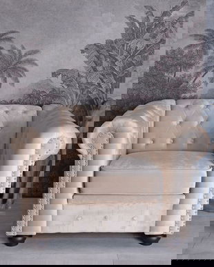 Fotoliu Chesterfield din lemn masiv cu tapiterie din catifea bej